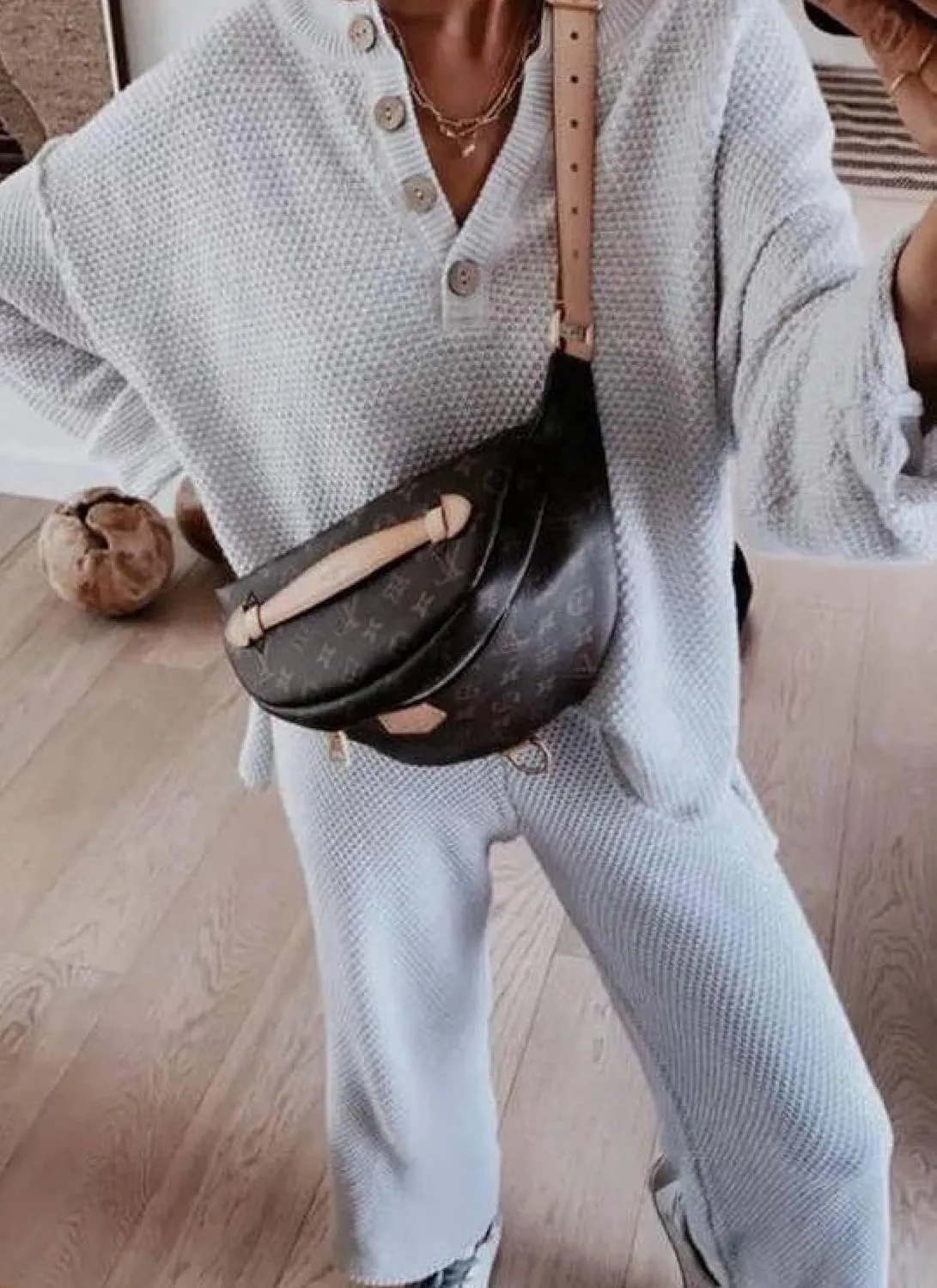 2 Piece Sets for Women 2025 Spring Oversized Button V-Neck Long Sleeve Top with Wide Leg Pants Lounge Grey Sets