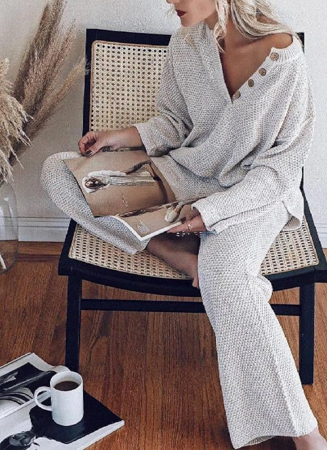 2 Piece Sets for Women 2025 Spring Oversized Button V-Neck Long Sleeve Top with Wide Leg Pants Lounge Grey Sets