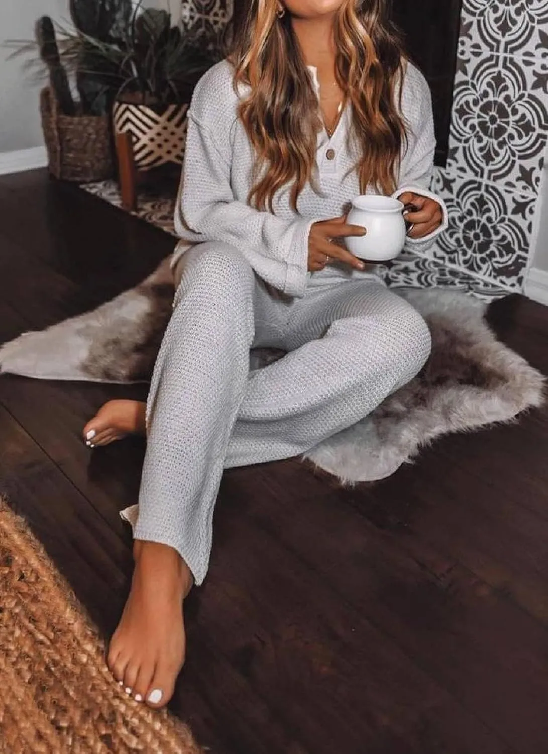 2 Piece Sets for Women 2025 Spring Oversized Button V-Neck Long Sleeve Top with Wide Leg Pants Lounge Grey Sets