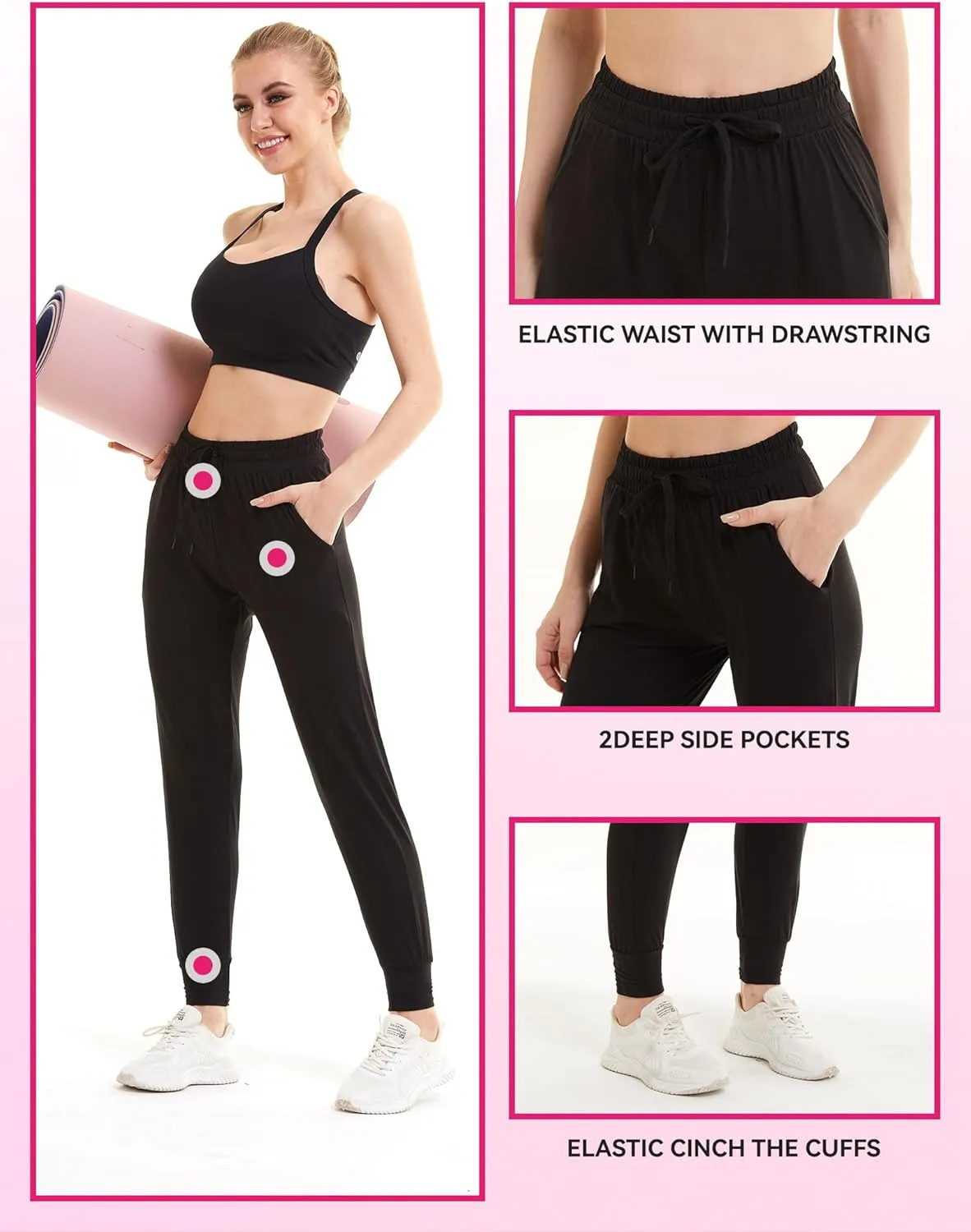 3 Pack Joggers for Women - Black Sweatpants with Pockets Plus Size Comfy Lounge Yoga Pants (S-5XL)