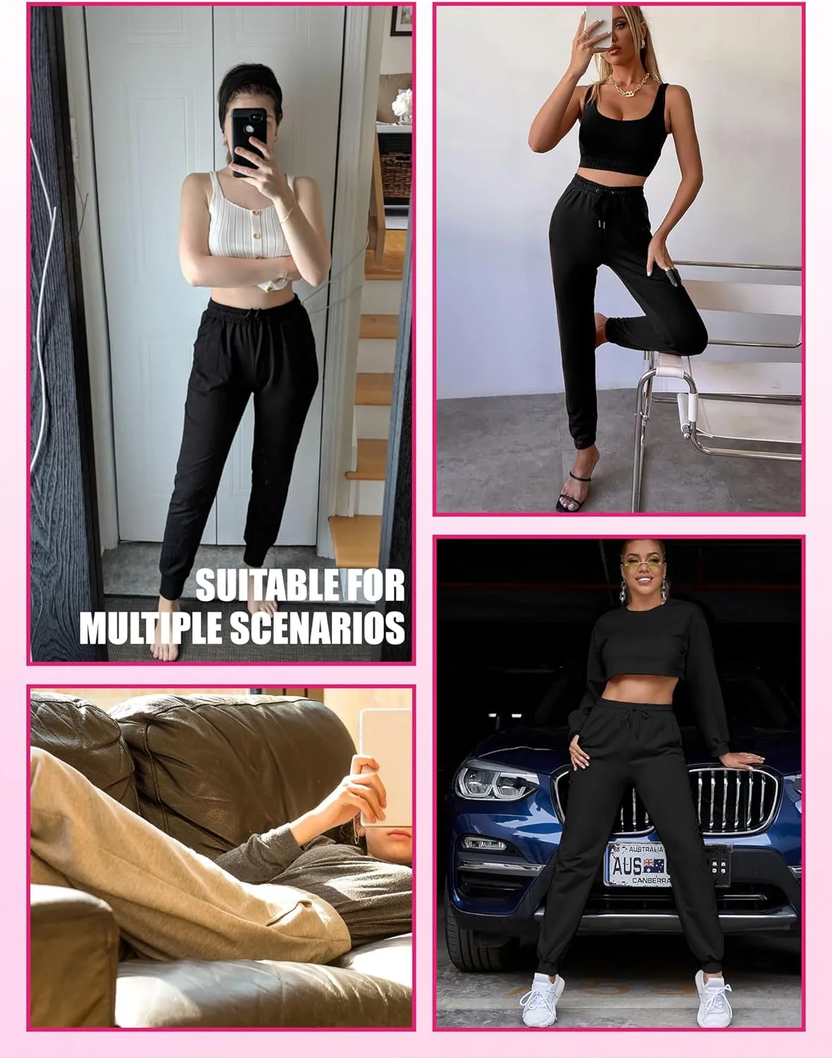 3 Pack Joggers for Women - Black Sweatpants with Pockets Plus Size Comfy Lounge Yoga Pants (S-5XL)