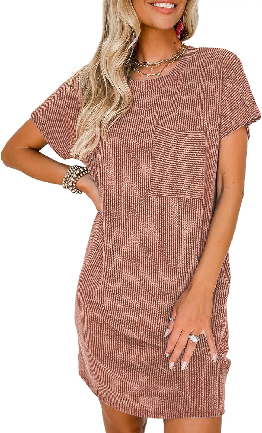 Acelitt Womens Casual Summer Crewneck Short Sleeve Ribbed Mini Tshirt Dress, XS-3XL