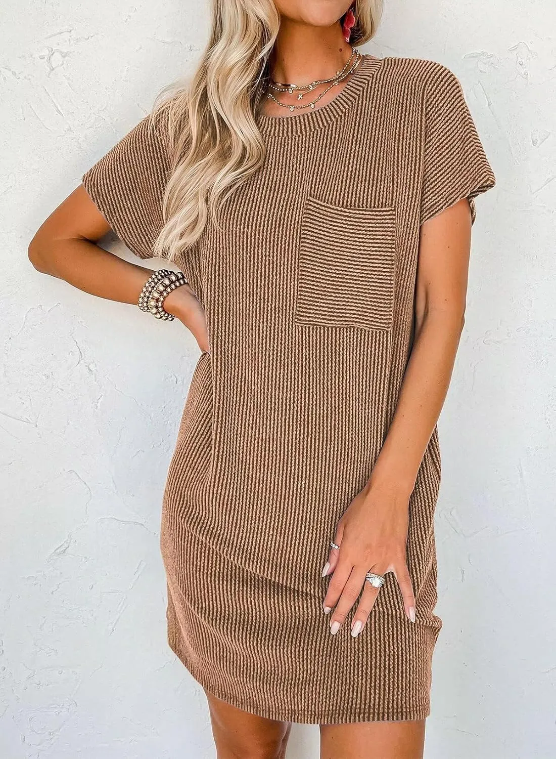 Acelitt Womens Casual Summer Crewneck Short Sleeve Ribbed Mini Tshirt Dress, XS-3XL