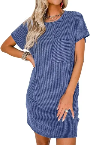 Acelitt Womens Casual Summer Crewneck Short Sleeve Ribbed Mini Tshirt Dress, XS-3XL