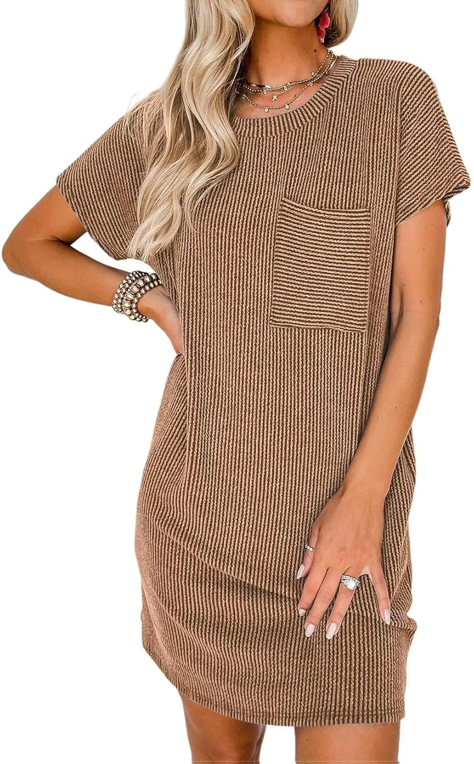 Acelitt Womens Casual Summer Crewneck Short Sleeve Ribbed Mini Tshirt Dress, XS-3XL