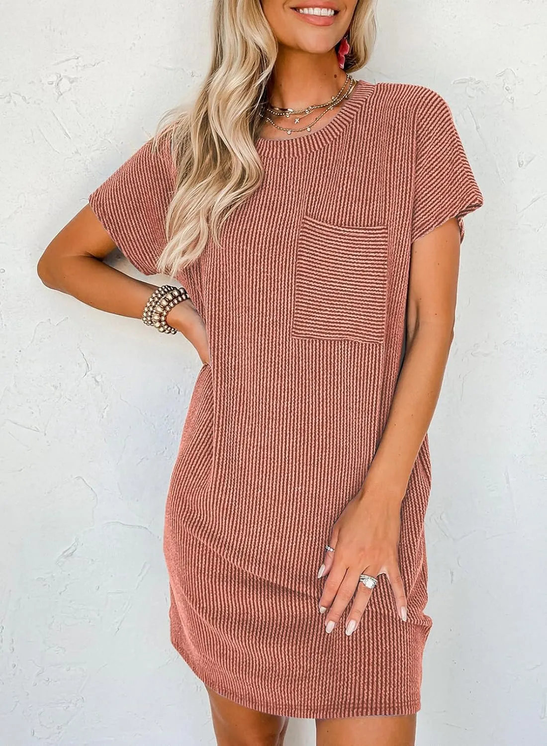 Acelitt Womens Casual Summer Crewneck Short Sleeve Ribbed Mini Tshirt Dress, XS-3XL