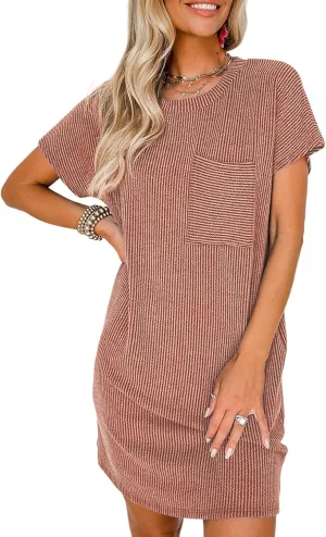 Acelitt Womens Casual Summer Crewneck Short Sleeve Ribbed Mini Tshirt Dress, XS-3XL