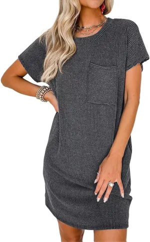 Acelitt Womens Casual Summer Crewneck Short Sleeve Ribbed Mini Tshirt Dress, XS-3XL