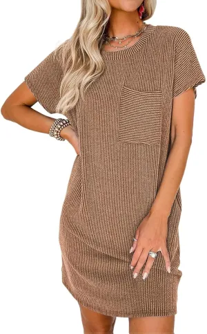 Acelitt Womens Casual Summer Crewneck Short Sleeve Ribbed Mini Tshirt Dress, XS-3XL