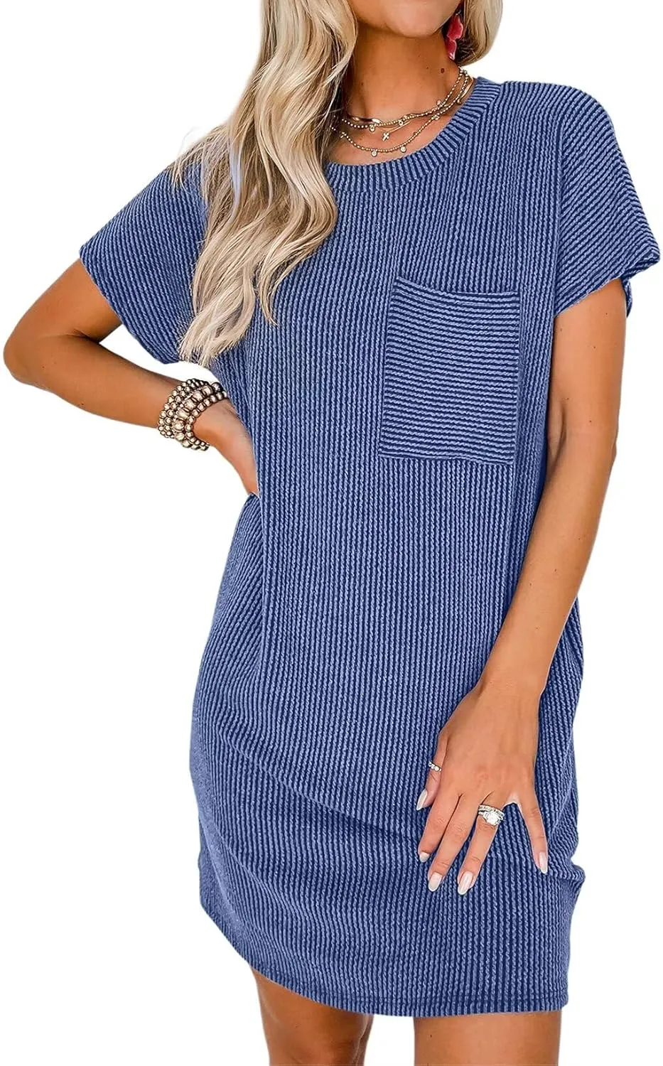 Acelitt Womens Casual Summer Crewneck Short Sleeve Ribbed Mini Tshirt Dress, XS-3XL