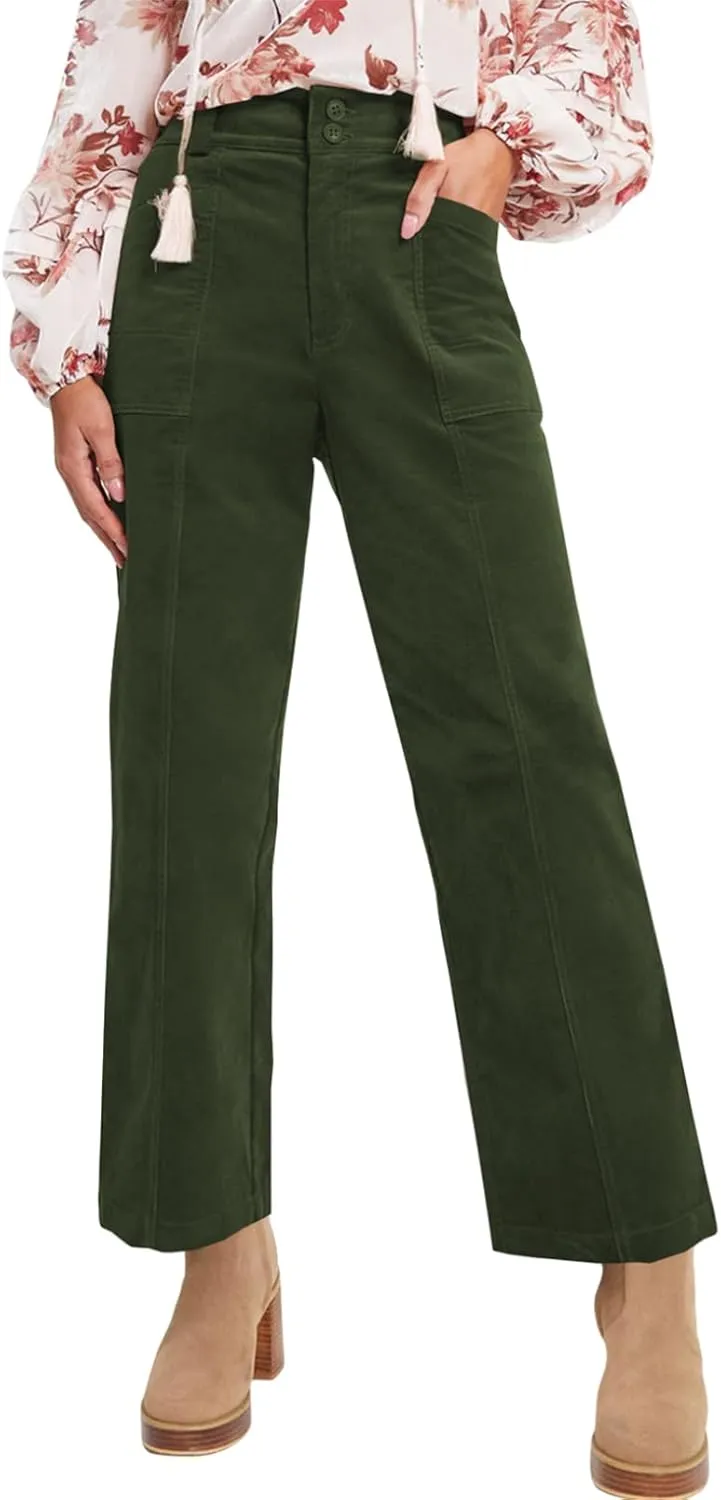 Acelitt Womens Casual Winter Straight Leg Elastic Waist Corduroy Pants with Pockets, S-XXL