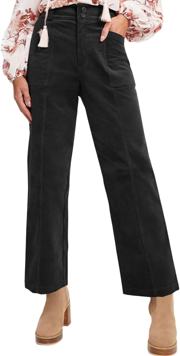 Acelitt Womens Casual Winter Straight Leg Elastic Waist Corduroy Pants with Pockets, S-XXL