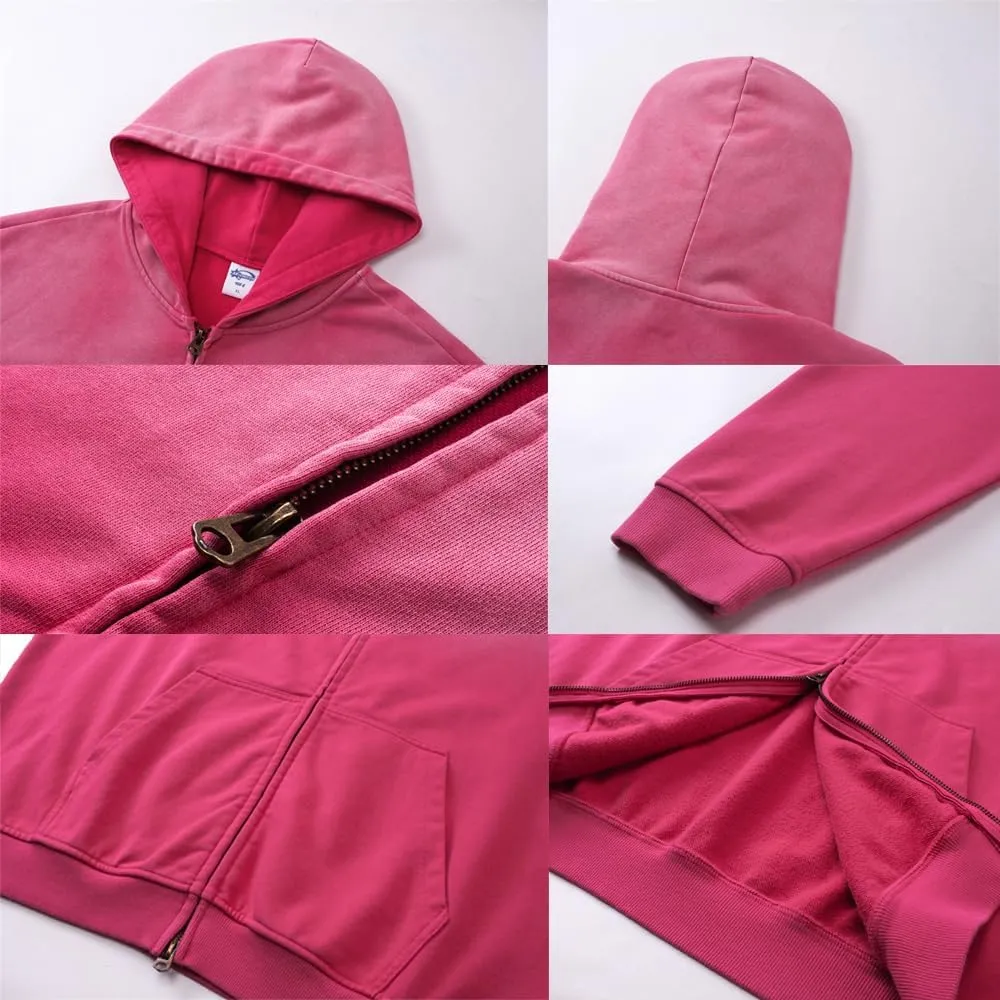 Acid Wash Vintage Hoodie for Women Full Zip Up Hooded Sweatshirt with Pockets Unisex Casual Tops Men