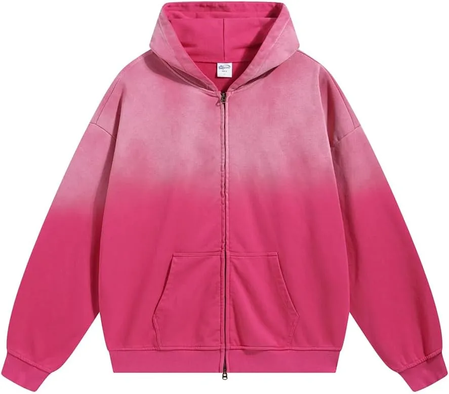 Acid Wash Vintage Hoodie for Women Full Zip Up Hooded Sweatshirt with Pockets Unisex Casual Tops Men