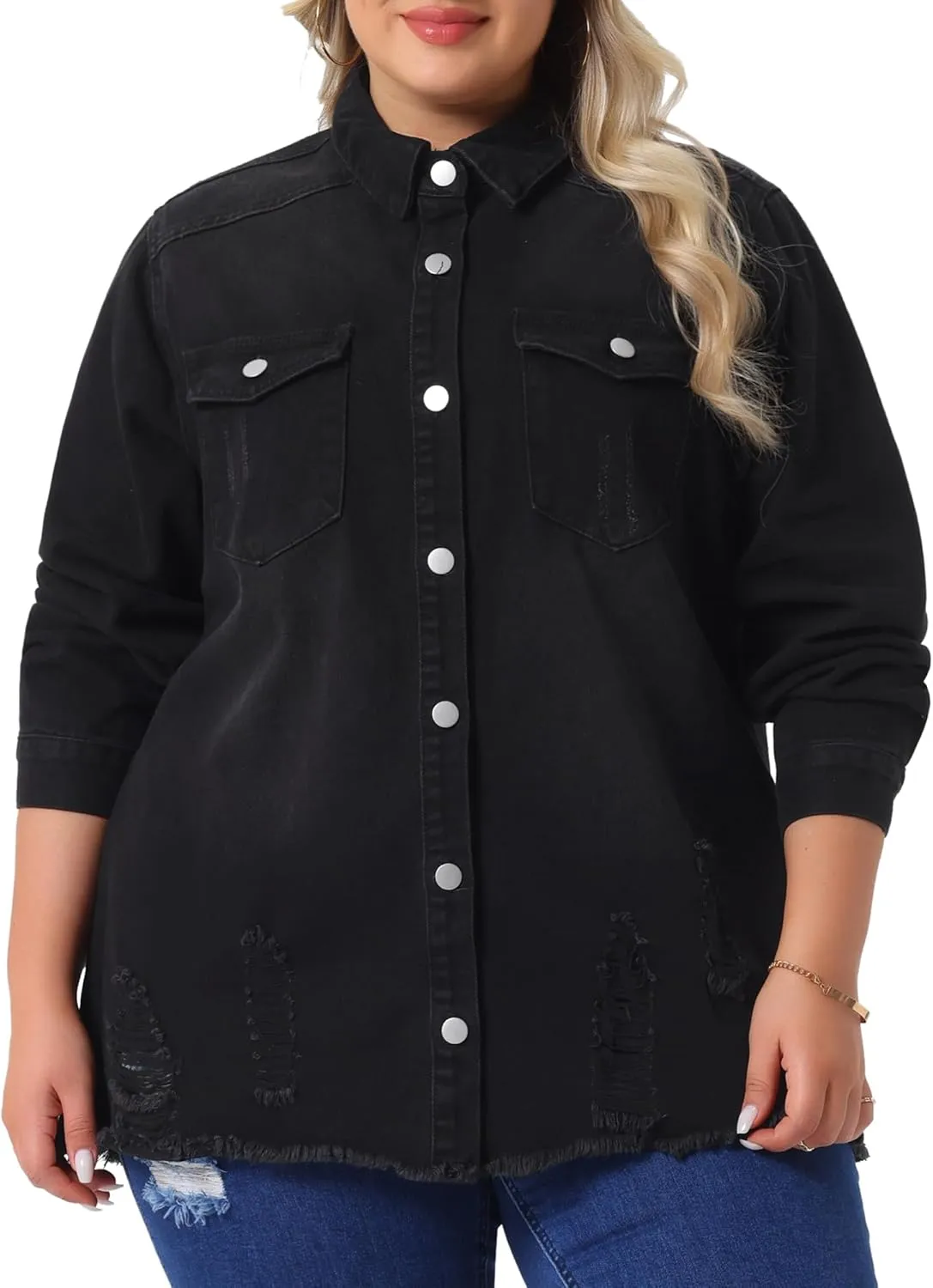 Agnes Orinda Women's Plus Size Button Denim Jackets Casual Long Boyfriend Long Sleeve Shirt Jean Jacket