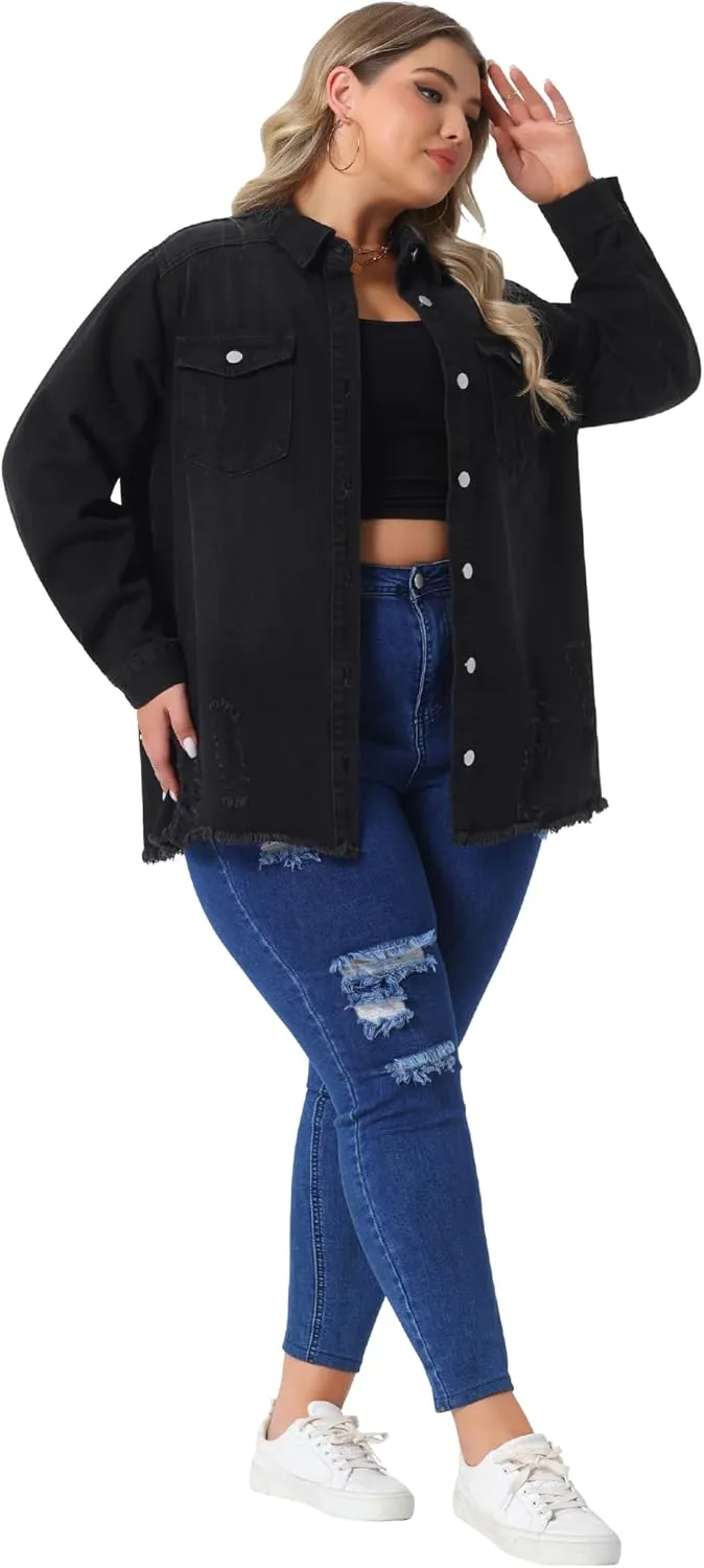 Agnes Orinda Women's Plus Size Button Denim Jackets Casual Long Boyfriend Long Sleeve Shirt Jean Jacket