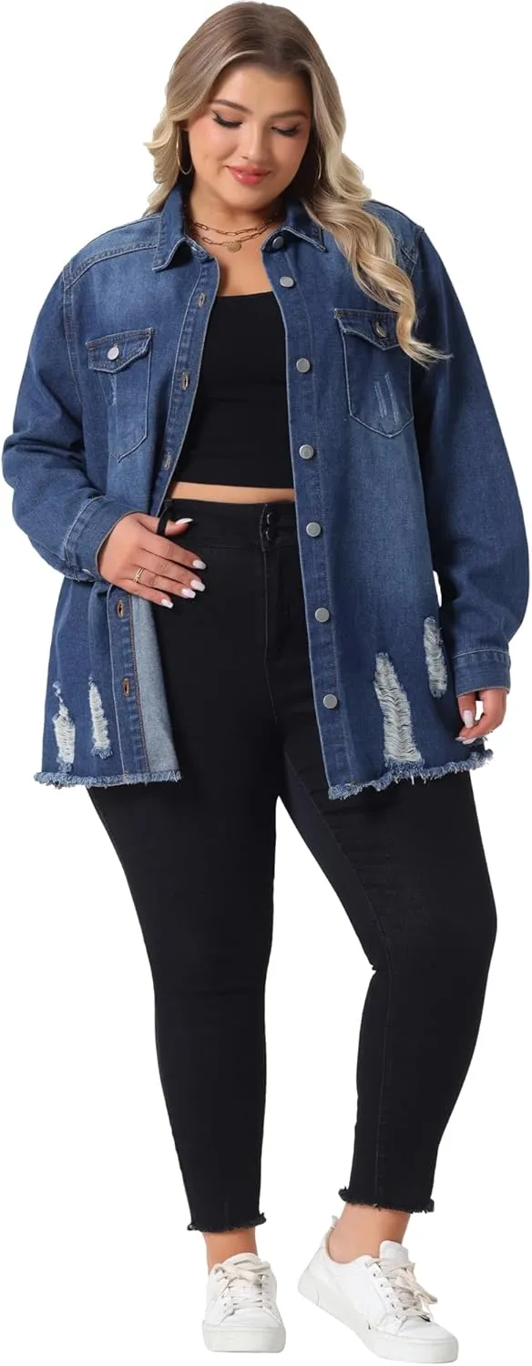 Agnes Orinda Women's Plus Size Button Denim Jackets Casual Long Boyfriend Long Sleeve Shirt Jean Jacket