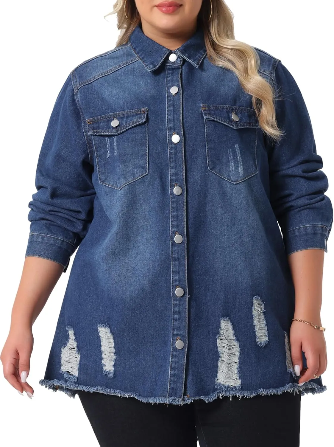 Agnes Orinda Women's Plus Size Button Denim Jackets Casual Long Boyfriend Long Sleeve Shirt Jean Jacket