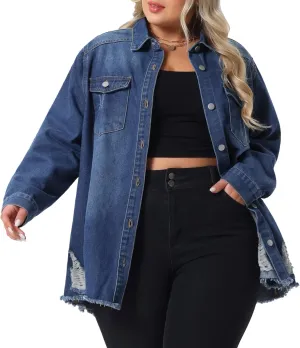 Agnes Orinda Women's Plus Size Button Denim Jackets Casual Long Boyfriend Long Sleeve Shirt Jean Jacket