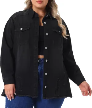 Agnes Orinda Women's Plus Size Button Denim Jackets Casual Long Boyfriend Long Sleeve Shirt Jean Jacket