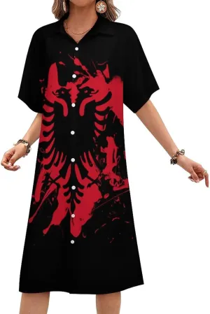Albanian Flag Womens Button Down Shirt Dresses Simple Button Up Short Sleeve Blouse Tops