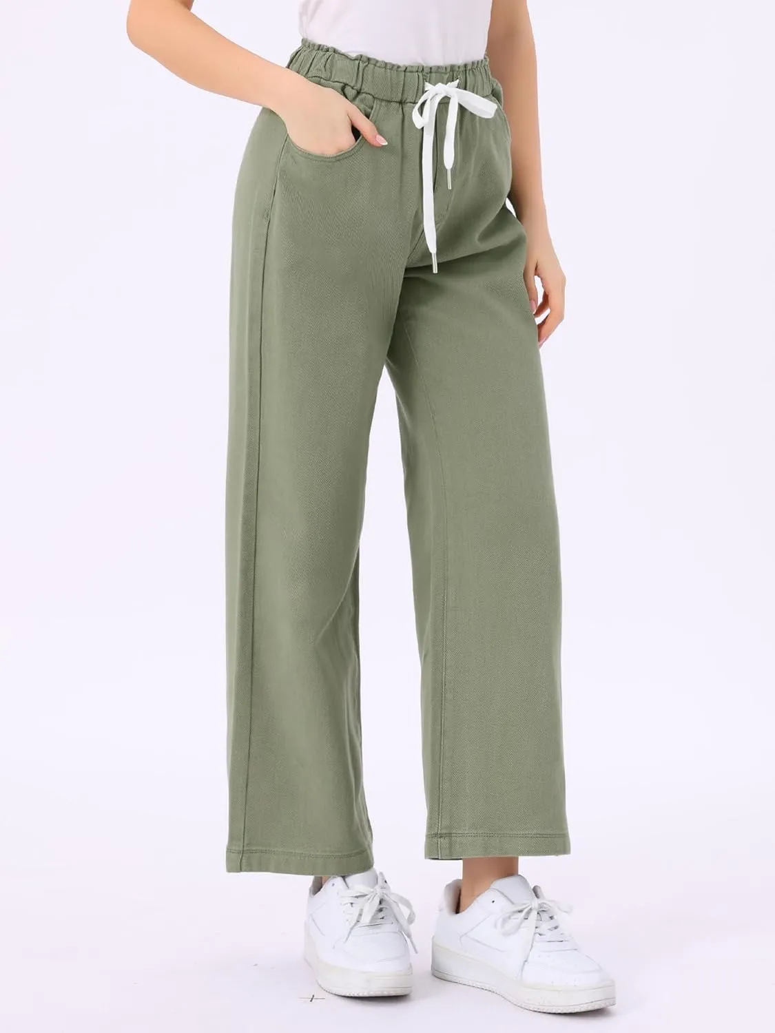 Allegra K Casual Denim Pants for Women's Baggy Drawstring 2025 Trendy Elastic Waist Wide Legs Jeans