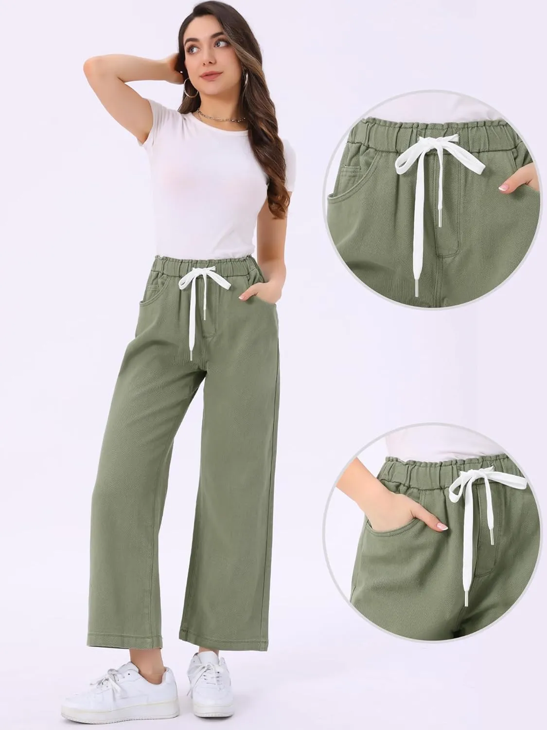 Allegra K Casual Denim Pants for Women's Baggy Drawstring 2025 Trendy Elastic Waist Wide Legs Jeans