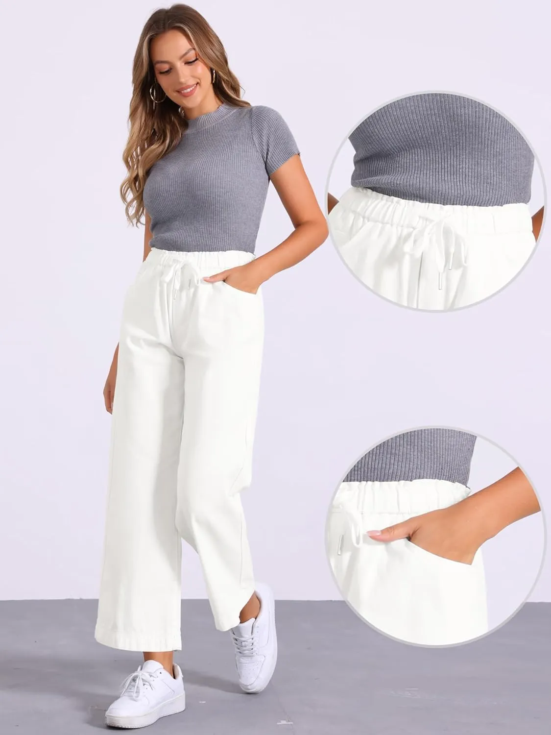 Allegra K Casual Denim Pants for Women's Baggy Drawstring 2025 Trendy Elastic Waist Wide Legs Jeans