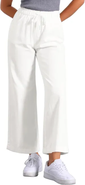 Allegra K Casual Denim Pants for Women's Baggy Drawstring 2025 Trendy Elastic Waist Wide Legs Jeans