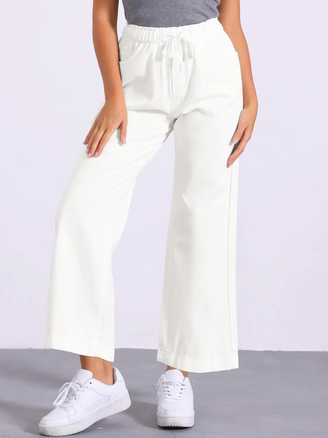 Allegra K Casual Denim Pants for Women's Baggy Drawstring 2025 Trendy Elastic Waist Wide Legs Jeans