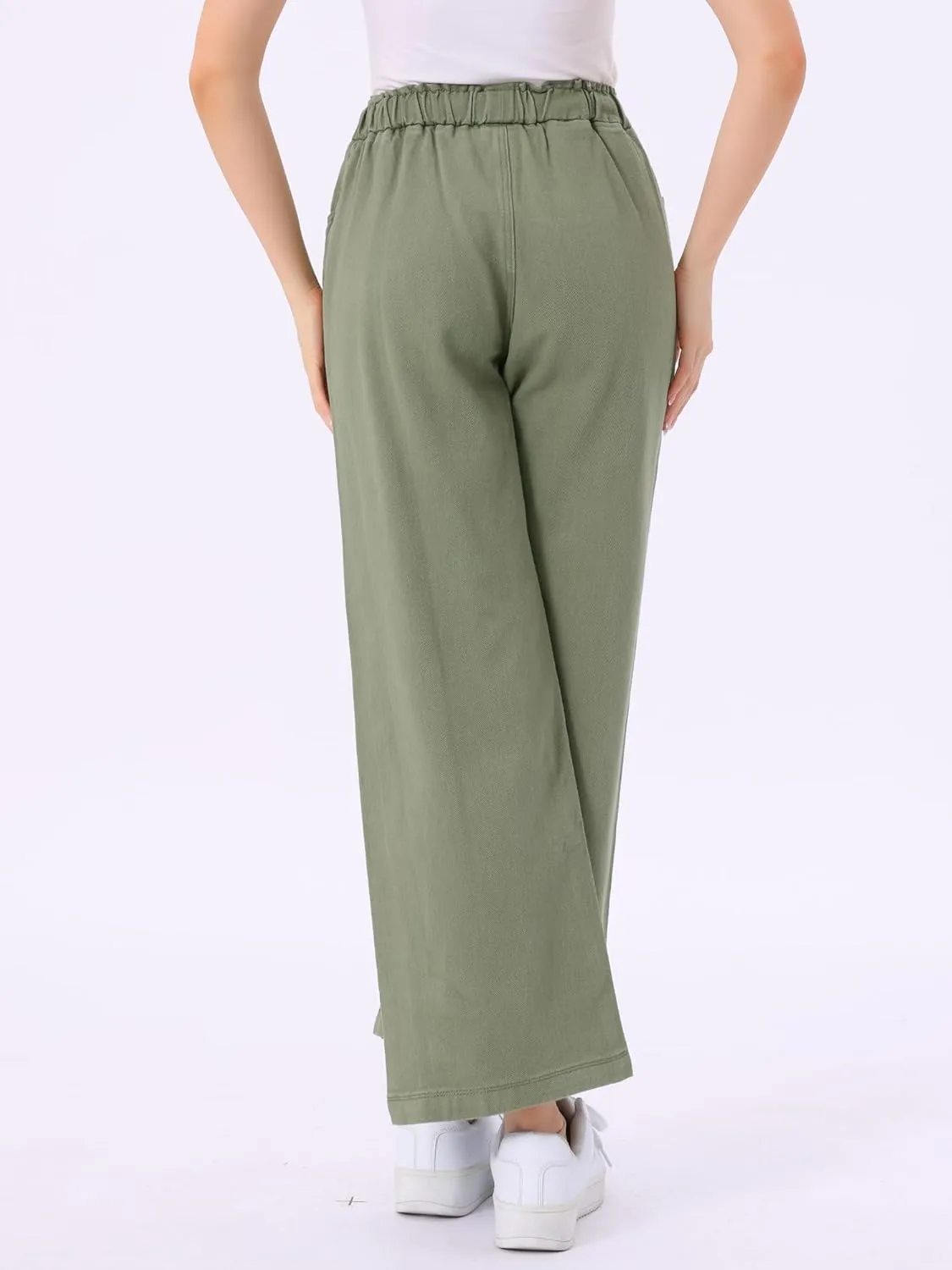 Allegra K Casual Denim Pants for Women's Baggy Drawstring 2025 Trendy Elastic Waist Wide Legs Jeans