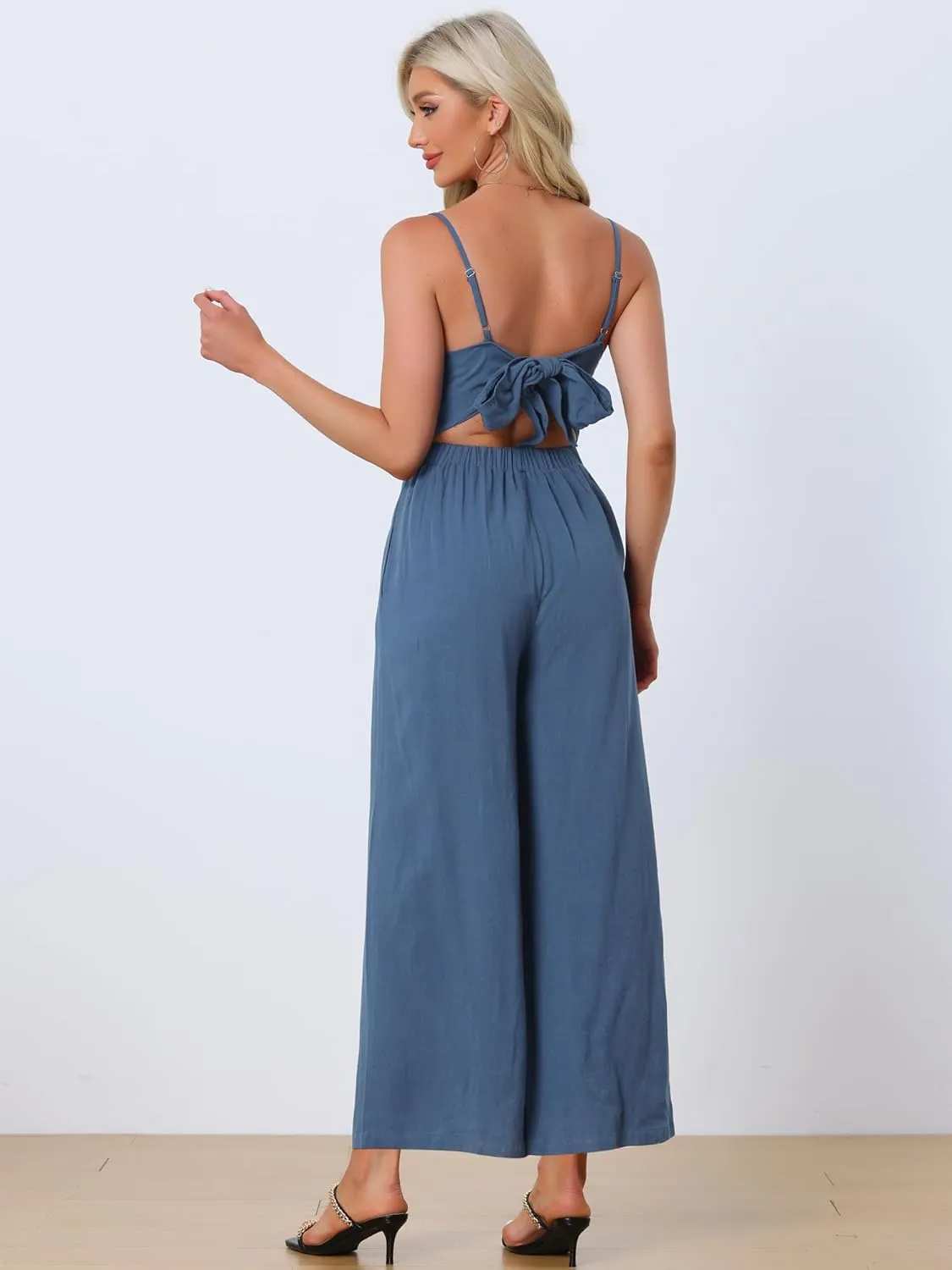 Allegra K Linen Jumpsuits for Women's Casual Spaghetti Strap Sleeveless Wide Legs Rompers