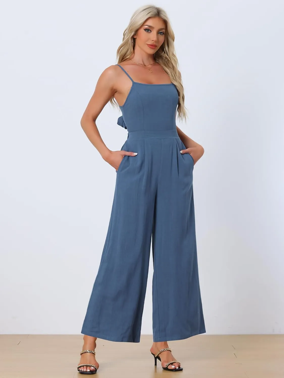 Allegra K Linen Jumpsuits for Women's Casual Spaghetti Strap Sleeveless Wide Legs Rompers