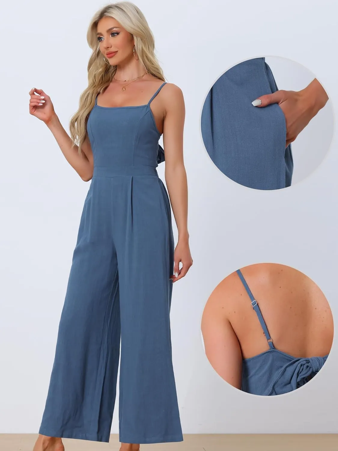 Allegra K Linen Jumpsuits for Women's Casual Spaghetti Strap Sleeveless Wide Legs Rompers