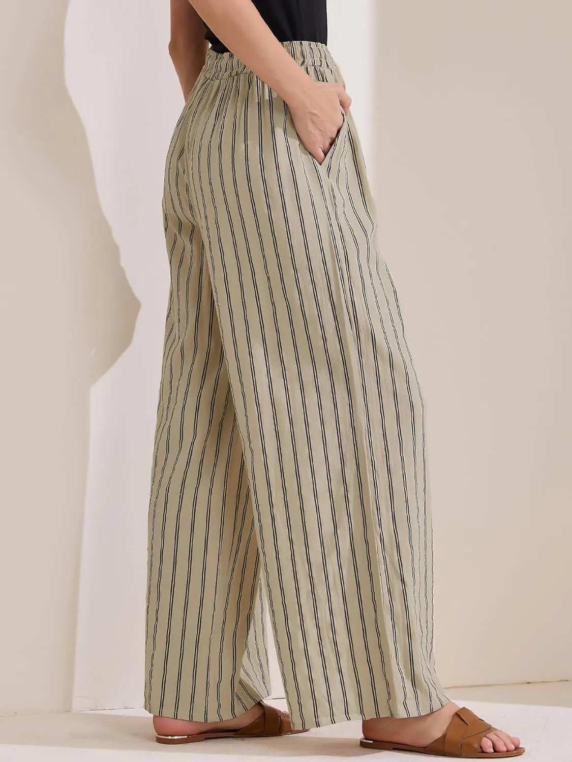 Allegra K Women's Casual Drawstring Stripe Pants Wide Leg High Waist Cotton Loose Pants
