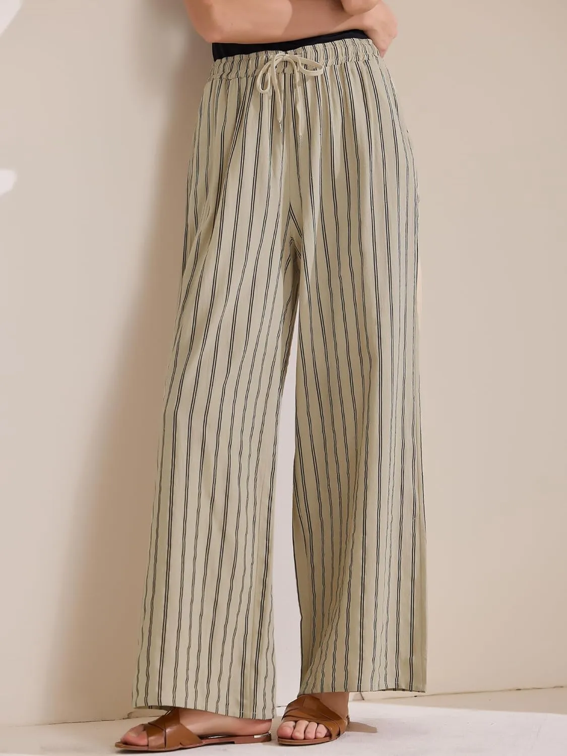 Allegra K Women's Casual Drawstring Stripe Pants Wide Leg High Waist Cotton Loose Pants