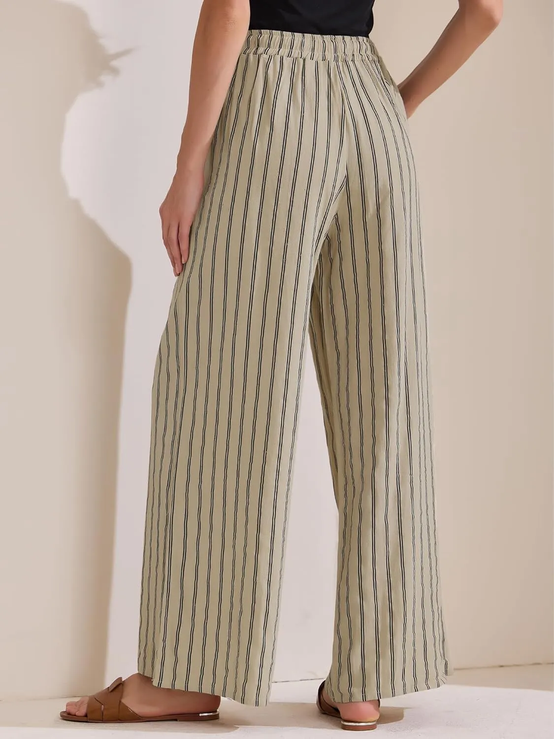 Allegra K Women's Casual Drawstring Stripe Pants Wide Leg High Waist Cotton Loose Pants