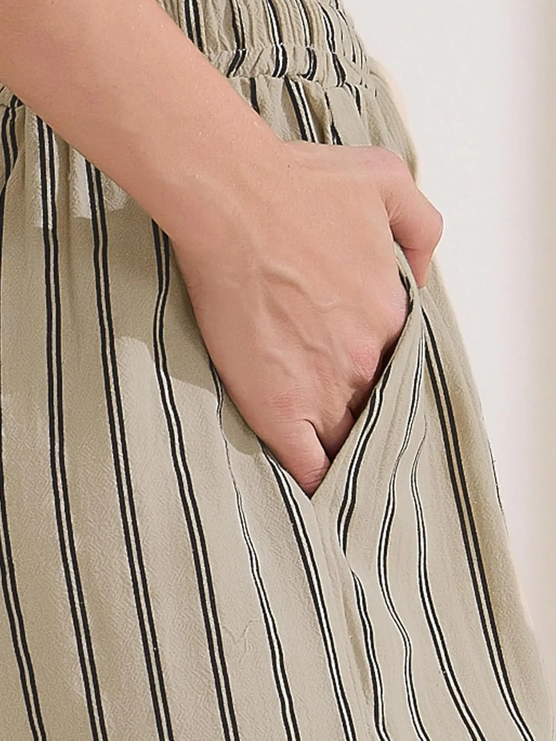 Allegra K Women's Casual Drawstring Stripe Pants Wide Leg High Waist Cotton Loose Pants