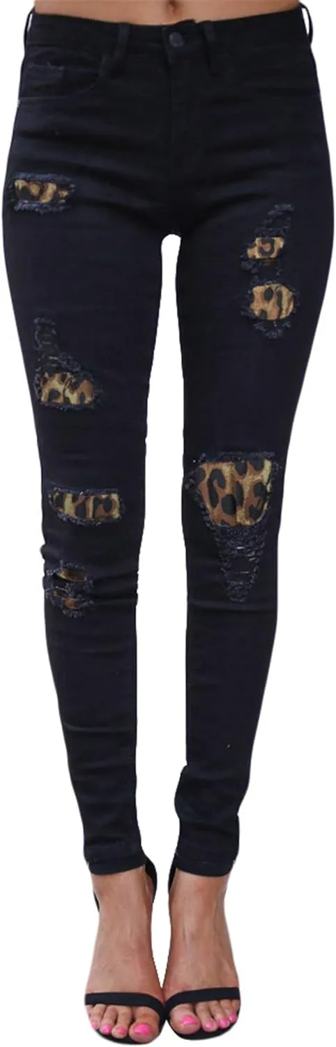 Andongnywell Women's Ripped Boyfriend Distressed Jeans Stretch Skinny with Hole Leopard with Print Patch Trousers