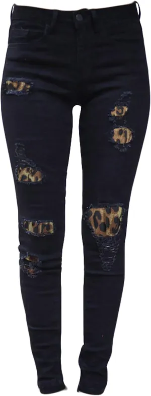 Andongnywell Women's Ripped Boyfriend Distressed Jeans Stretch Skinny with Hole Leopard with Print Patch Trousers