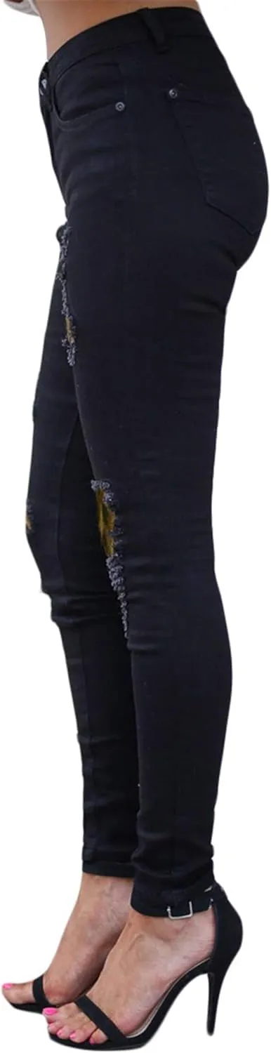 Andongnywell Women's Ripped Boyfriend Distressed Jeans Stretch Skinny with Hole Leopard with Print Patch Trousers