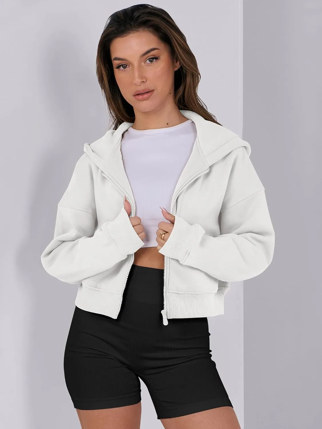 ANRABESS Womens Zip Up Crop Hoodie Sweatshirts 2024 Fall Trendy Long Sleeve Cropped Jacket Top Winter Teen Girls Clothes