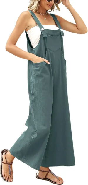APAFES Women's Summer Cotton Linen Bib Overalls Baggy Sleeveless Adjustable Wide Leg One Piece Jumpsuits