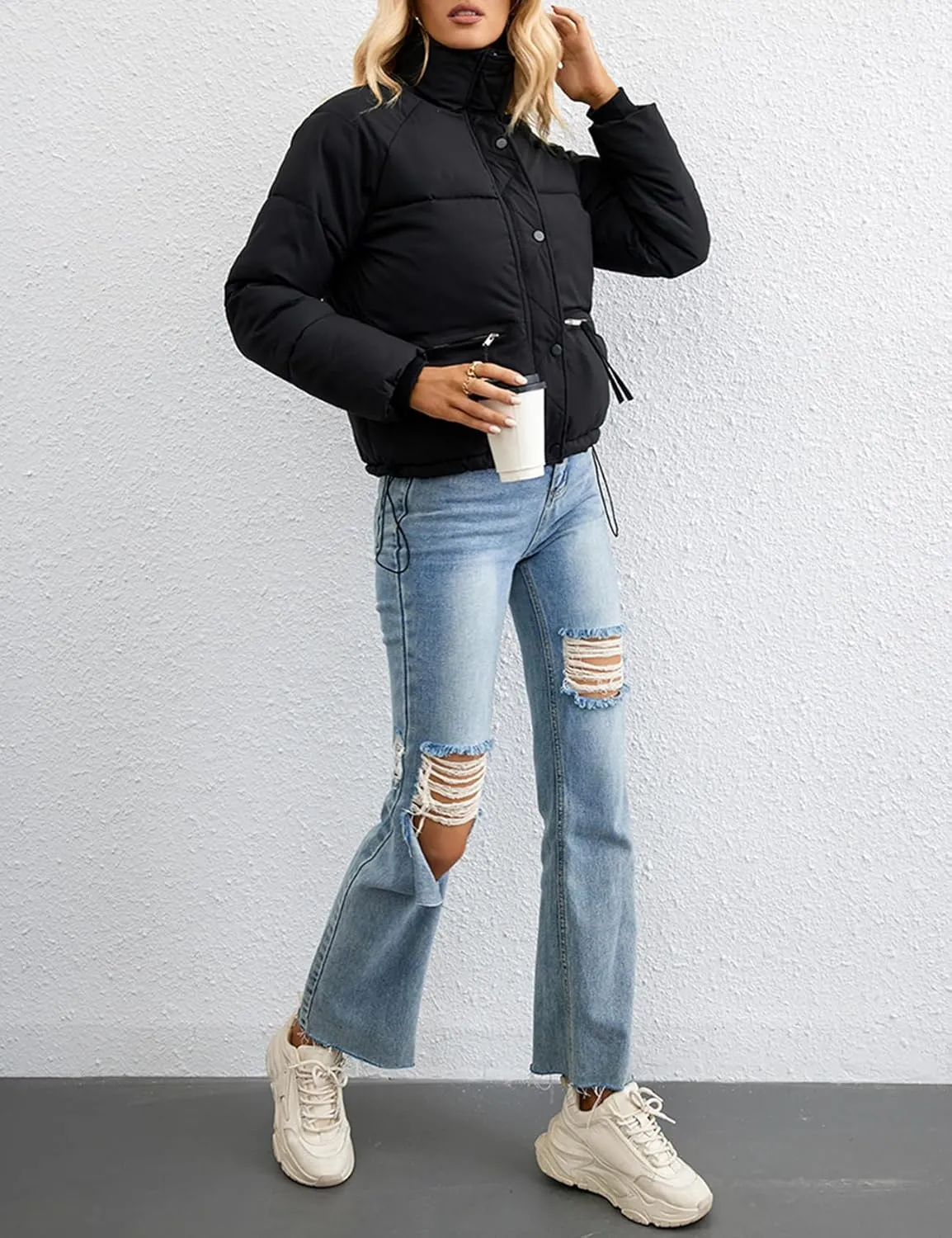 Arssm Womens Zip Up Stand Collar Crop Puffer Jacket Winter Warm Padded Coat Down Jacket Outerwear