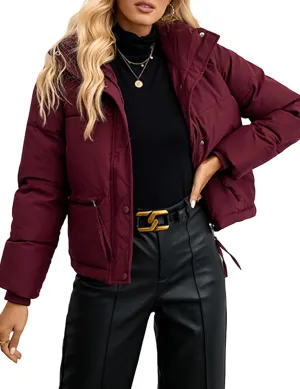 Arssm Womens Zip Up Stand Collar Crop Puffer Jacket Winter Warm Padded Coat Down Jacket Outerwear