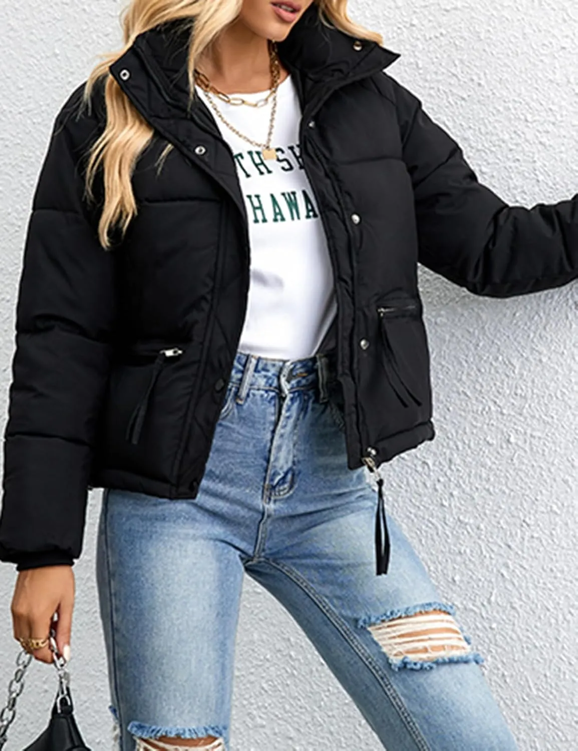 Arssm Womens Zip Up Stand Collar Crop Puffer Jacket Winter Warm Padded Coat Down Jacket Outerwear