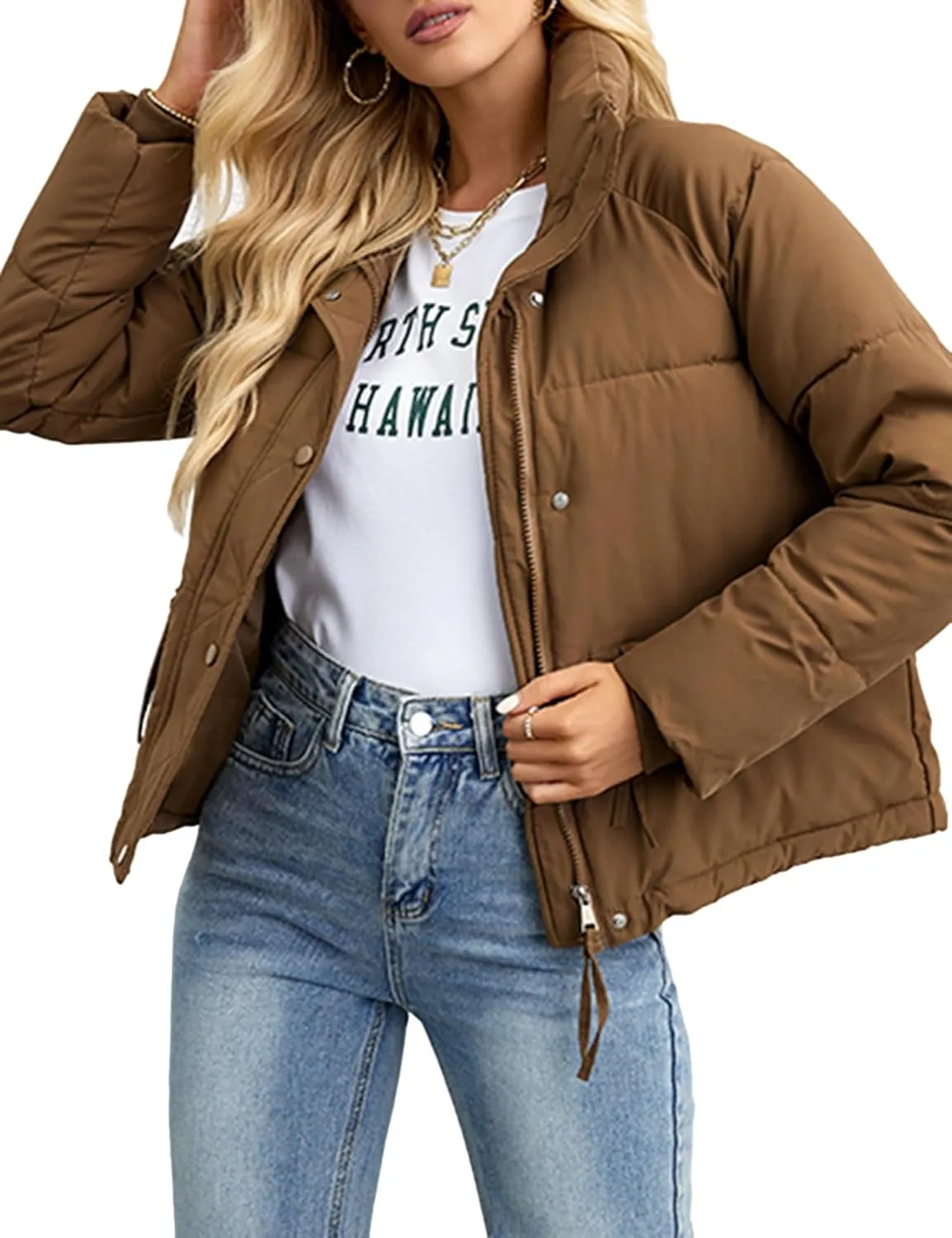 Arssm Womens Zip Up Stand Collar Crop Puffer Jacket Winter Warm Padded Coat Down Jacket Outerwear