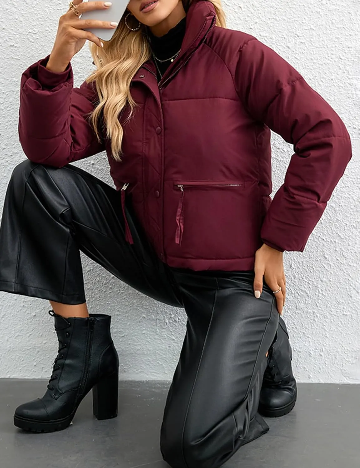 Arssm Womens Zip Up Stand Collar Crop Puffer Jacket Winter Warm Padded Coat Down Jacket Outerwear