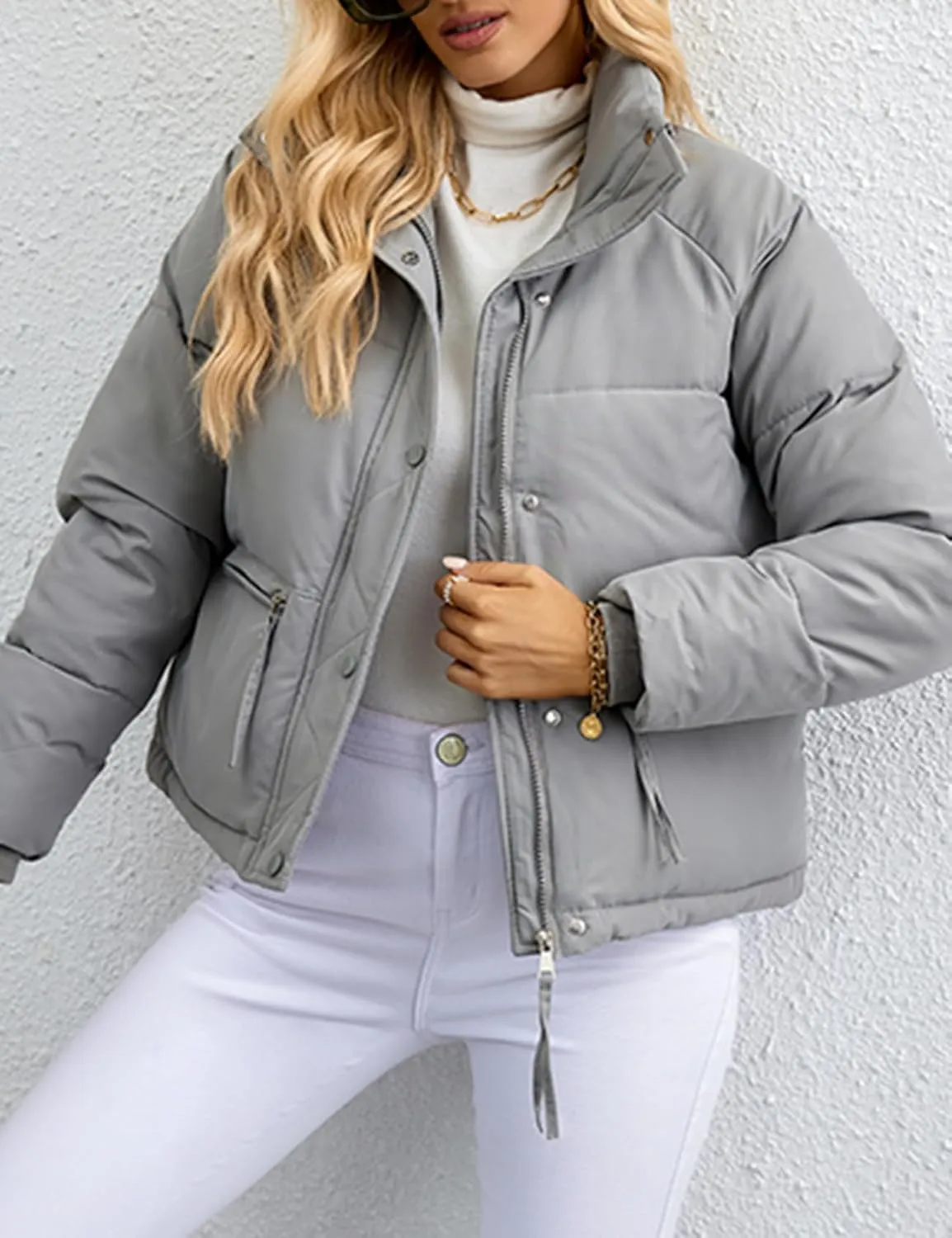 Arssm Womens Zip Up Stand Collar Crop Puffer Jacket Winter Warm Padded Coat Down Jacket Outerwear