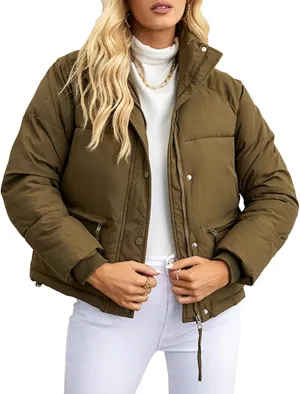 Arssm Womens Zip Up Stand Collar Crop Puffer Jacket Winter Warm Padded Coat Down Jacket Outerwear